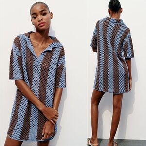 NWT Zara Crochet Polo Dress LARGE Blue Brown Cover Up